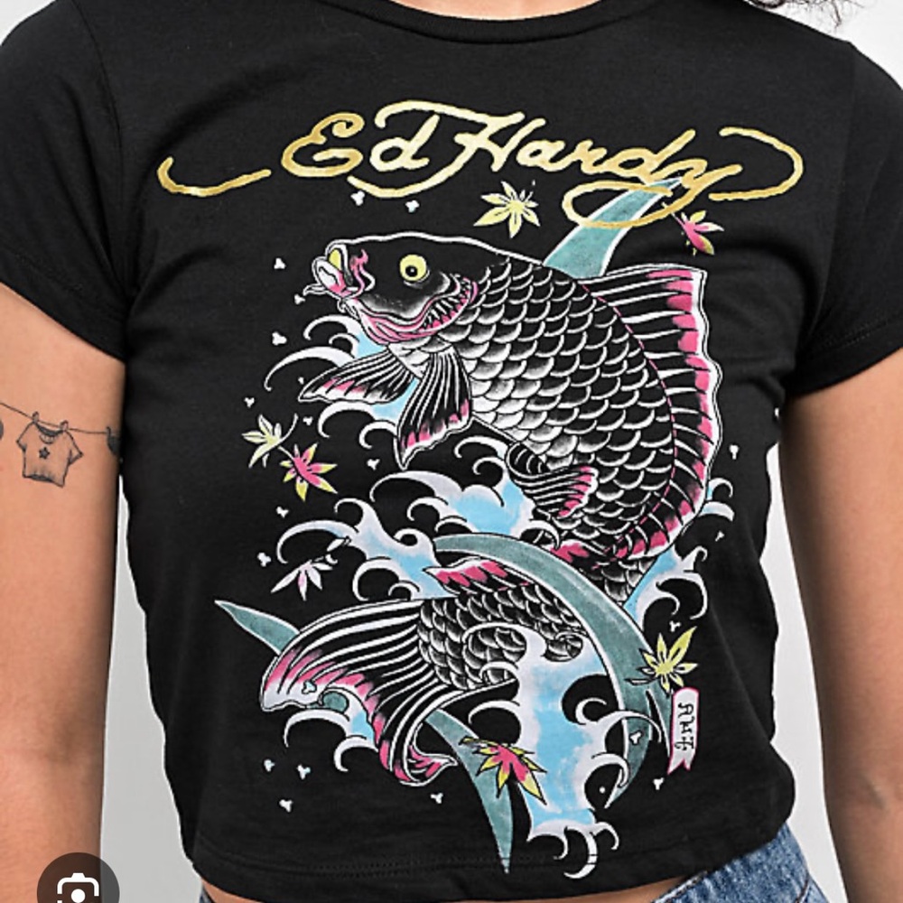 Ed Hardy Black Tee with Vibrant Fish Design